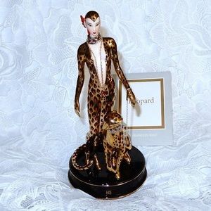 Erte’ Leopard Sculpture Franklin Mint Servenarts. Swarovski Crystals 9 1/2” Tall